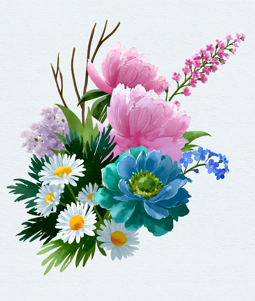 Watercolor Floral Bouquet With Pink Peonies and Daisies