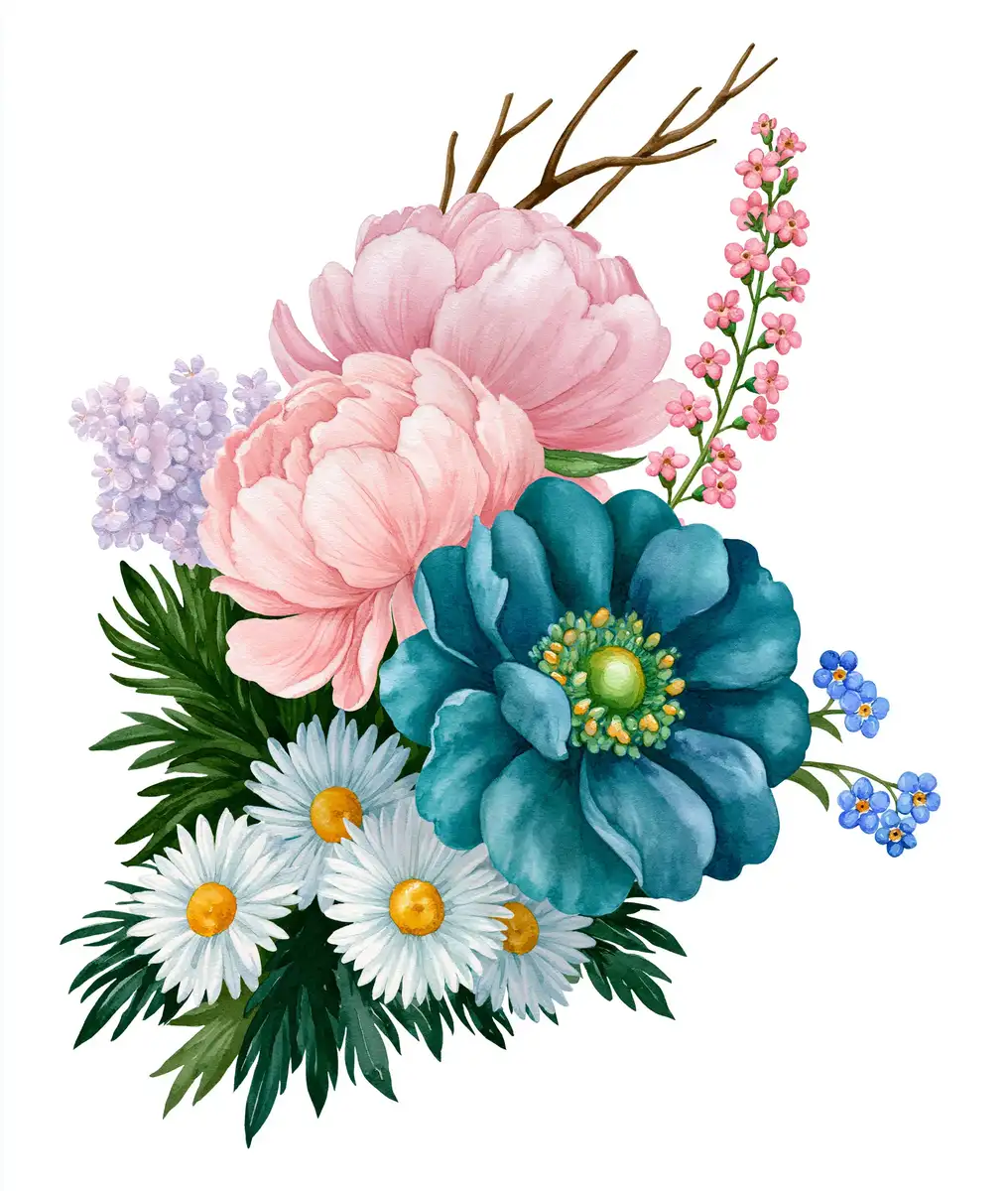 Watercolor Floral Bouquet With Pink Peonies and Daisies
