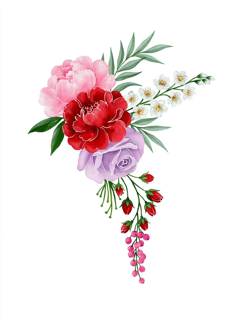 Watercolor floral arrangement with pink and red flowers and green leaves