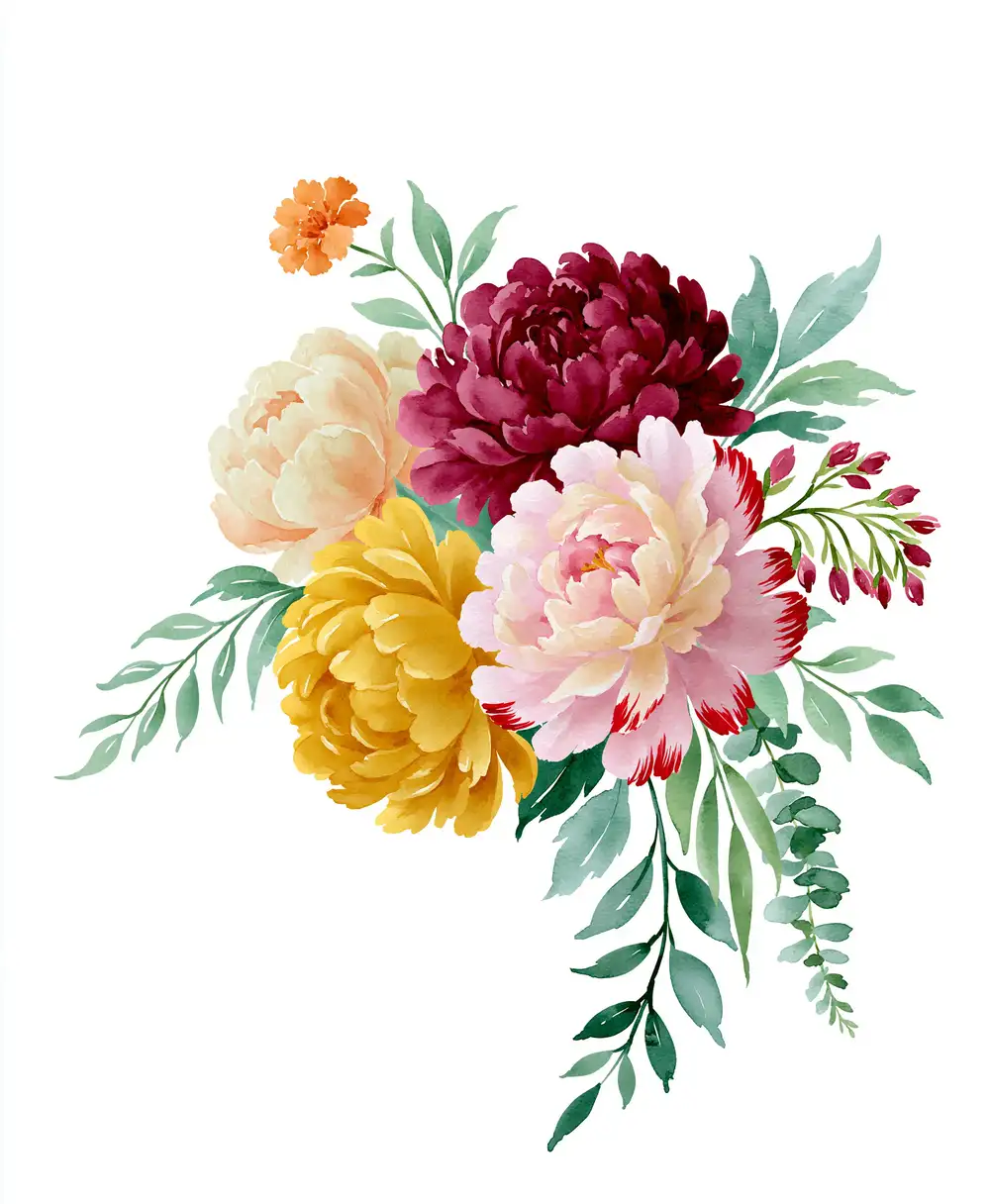Watercolor floral arrangement with colorful peony flowers and green leaves isolated on white background