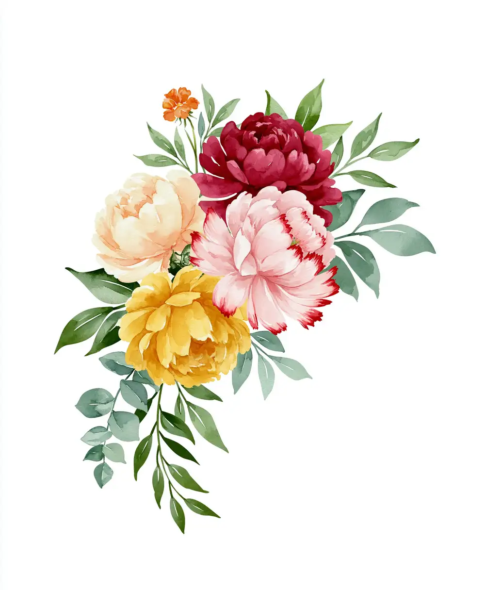 Watercolor floral arrangement with colorful peony flowers and green leaves isolated on white background