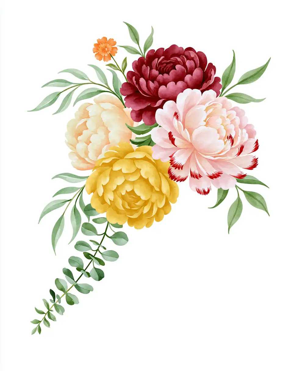 Watercolor floral arrangement with colorful peony flowers and green leaves isolated on white background