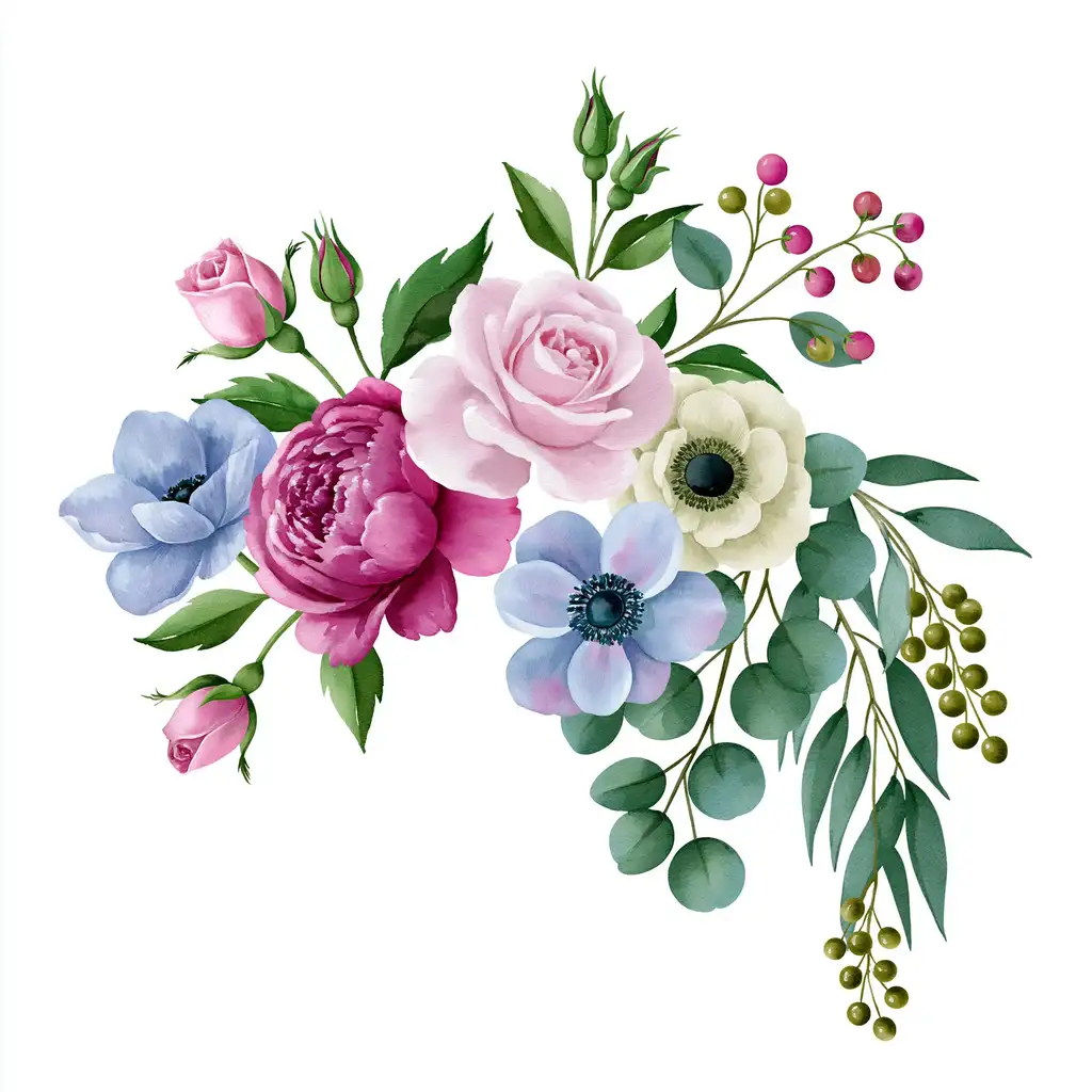 Watercolor floral arrangement with pink roses magenta peonies and blue anemones