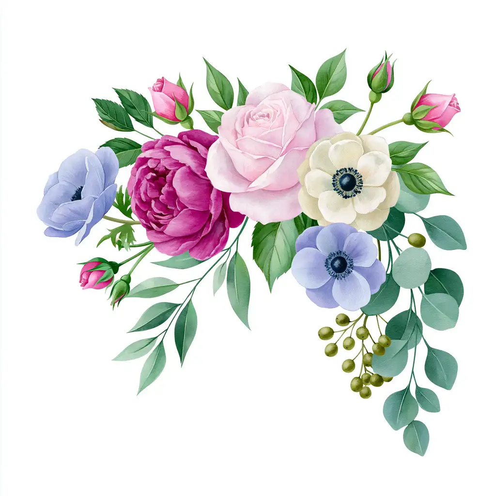 Watercolor floral arrangement with pink roses magenta peonies and blue anemones