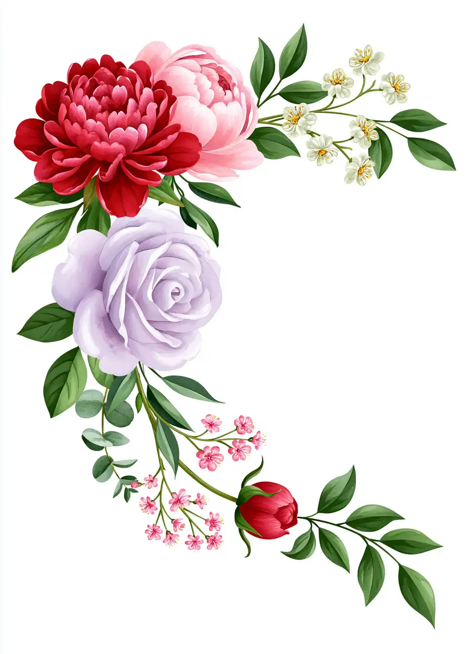 Watercolor floral arrangement with red and pink peonies and purple roses