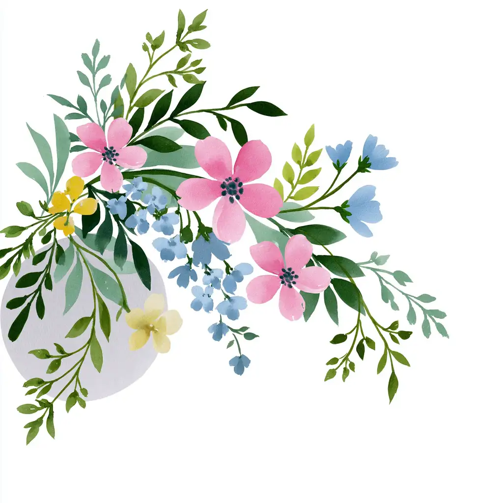 Watercolor floral arrangement with pink and blue blossoms