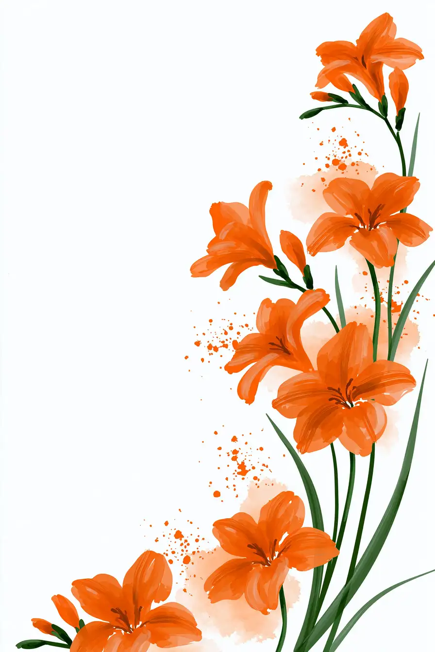 Digital painting of orange flowers and green stems on white background