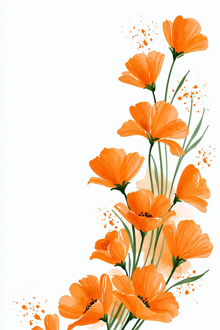 Digital painting of orange flowers and green stems on white background