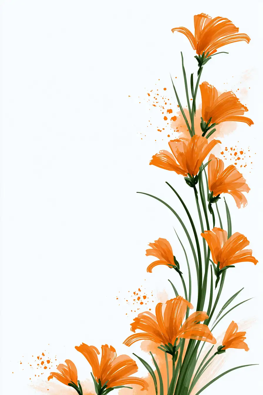 Digital painting of orange flowers and green stems on white background