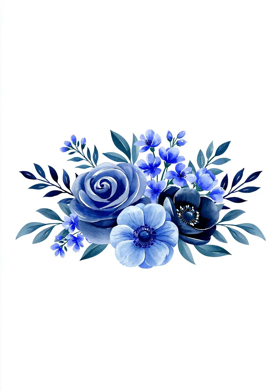 Blue watercolor floral bouquet illustration with roses and leaves