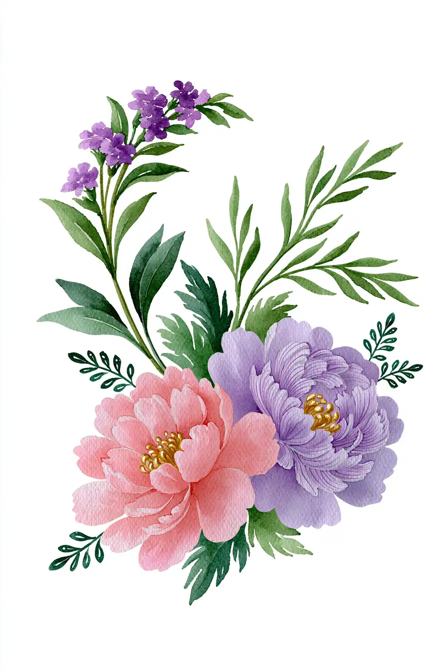 Watercolor floral arrangement with pink and purple flowers and green leaves