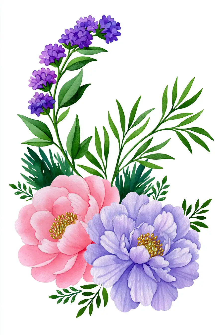 Watercolor floral arrangement with pink and purple flowers and green leaves