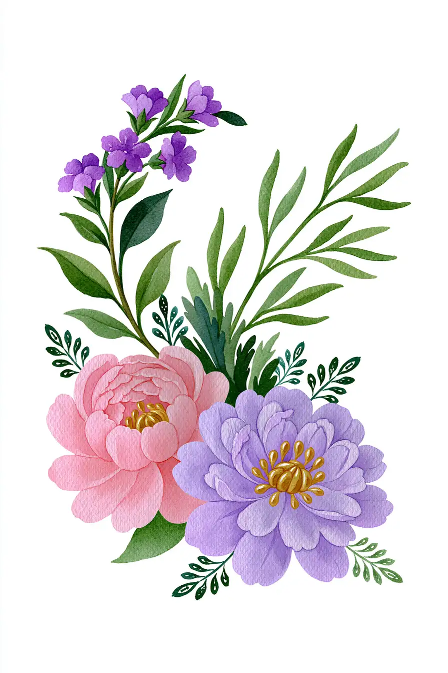 Watercolor floral arrangement with pink and purple flowers and green leaves