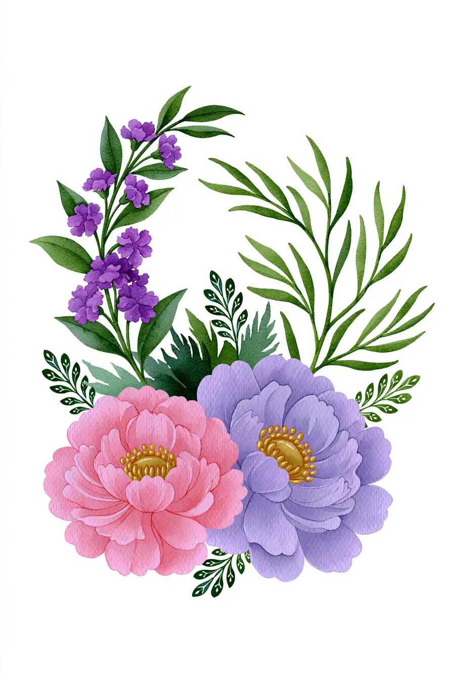 Watercolor floral arrangement with pink and purple flowers and green leaves