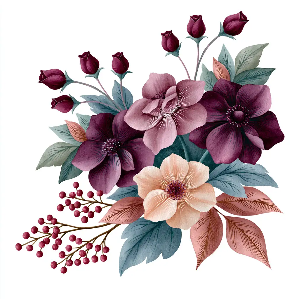 Watercolor floral arrangement with purple and peach flowers buds and berries