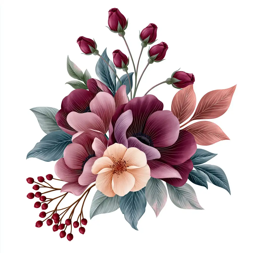 Watercolor floral arrangement with purple and peach flowers buds and berries