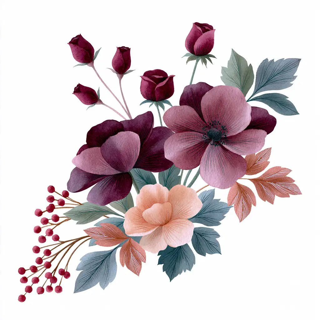 Watercolor floral arrangement with purple and peach flowers buds and berries