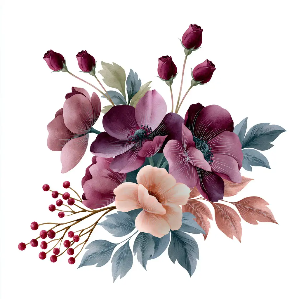 Watercolor floral arrangement with purple and peach flowers buds and berries