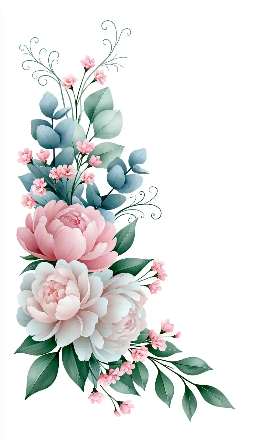 Watercolor floral arrangement with pink peonies and eucalyptus leaves isolated on white