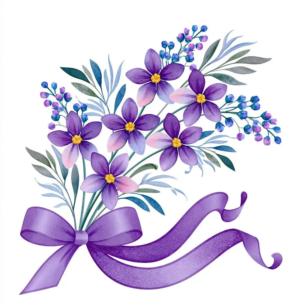 Purple flowers bouquet with ribbon illustration