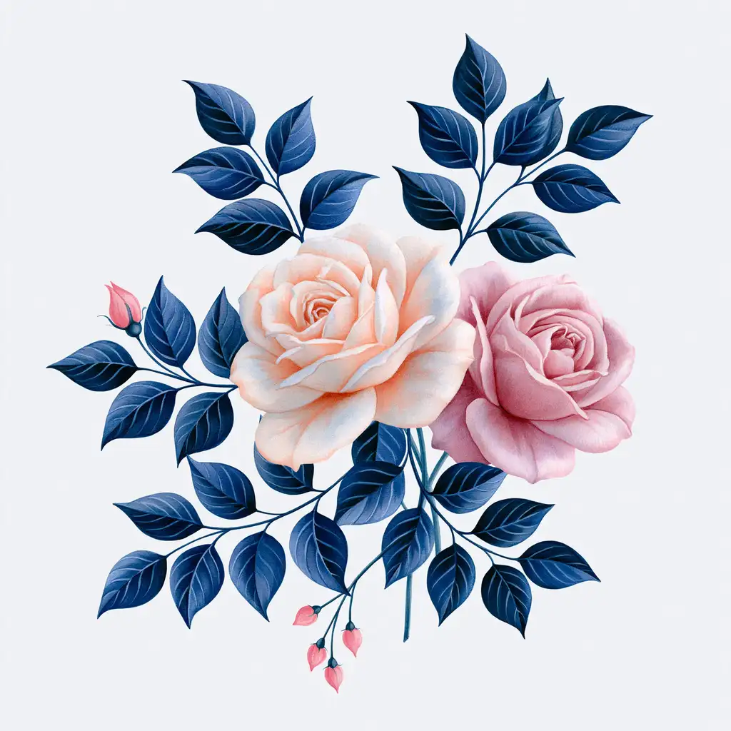 Floral arrangement with peach and pink roses and dark blue leaves