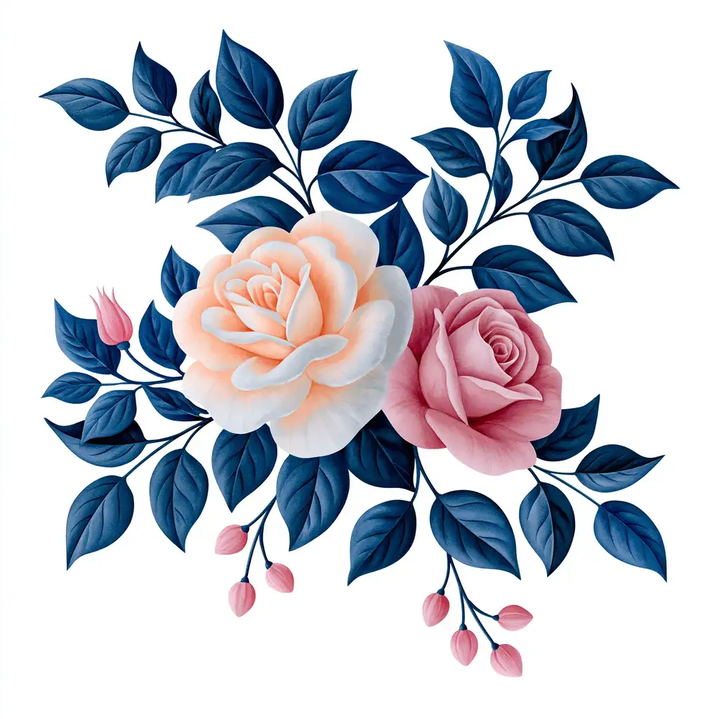 Floral arrangement with peach and pink roses and dark blue leaves