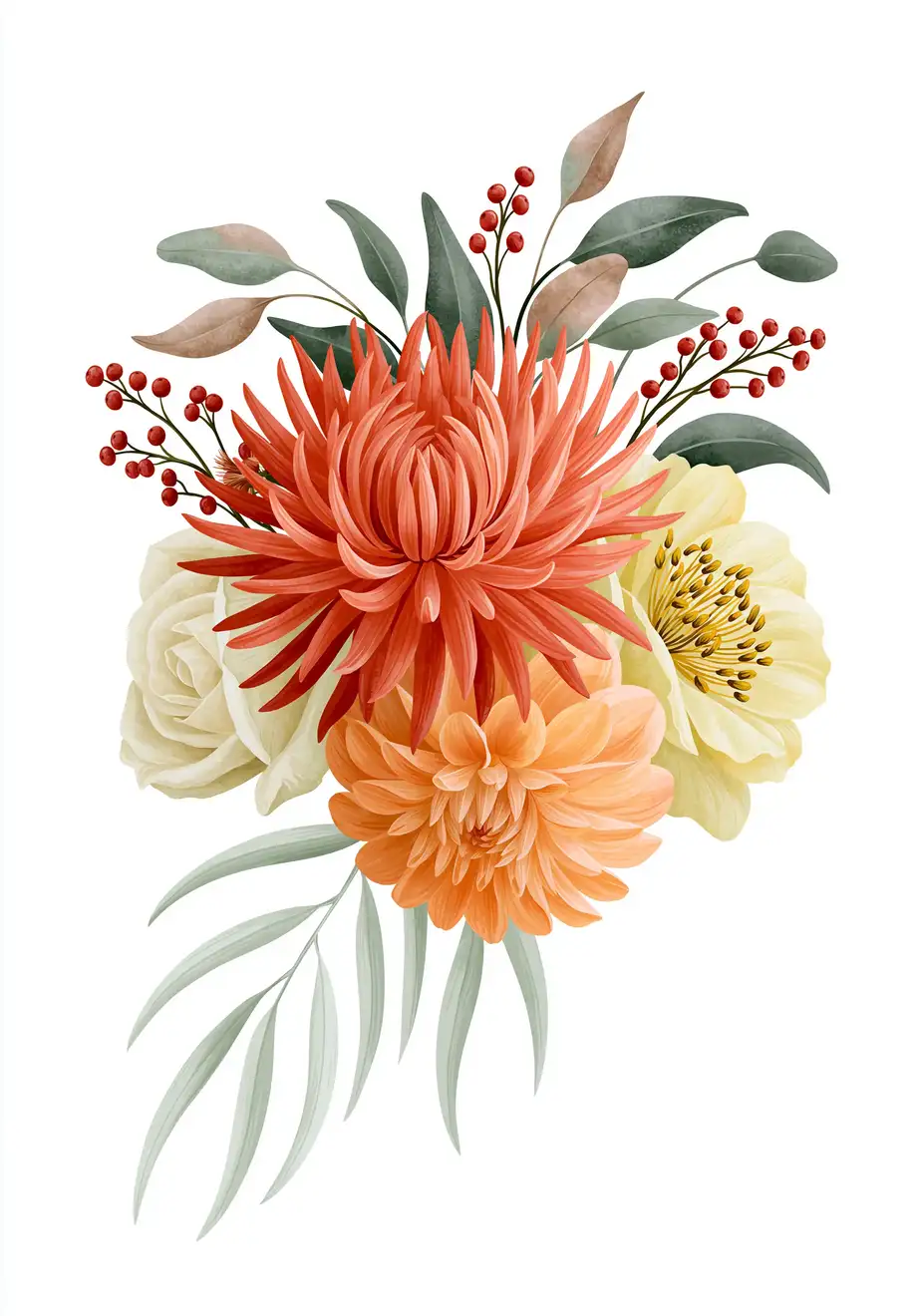 Watercolor floral arrangement with autumn chrysanthemums and berries