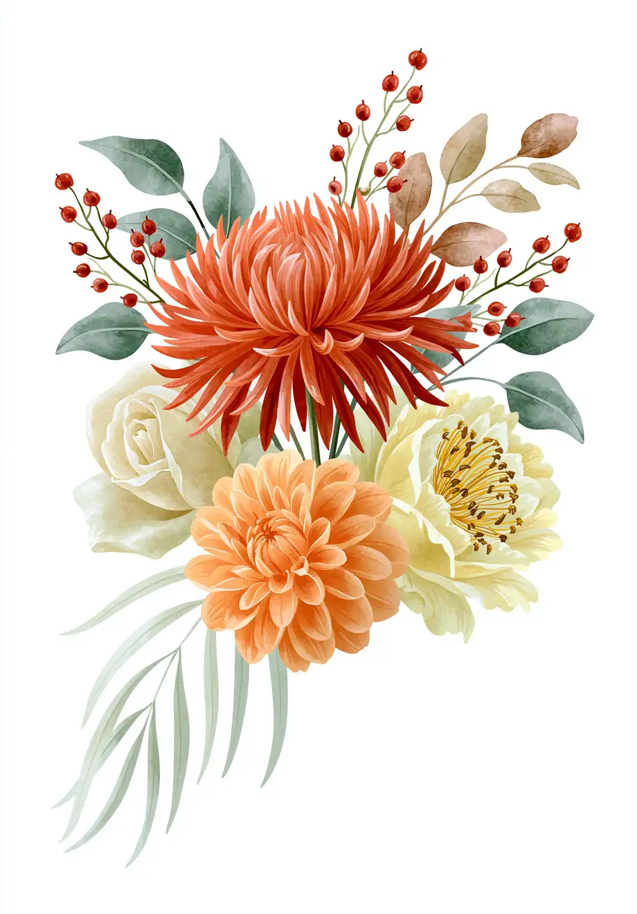 Watercolor floral arrangement with autumn chrysanthemums and berries