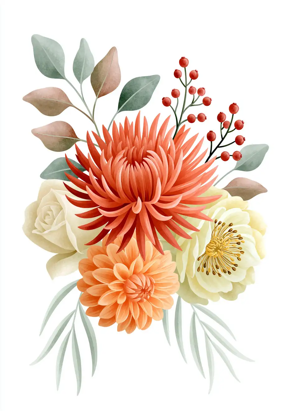 Watercolor floral arrangement with autumn chrysanthemums and berries