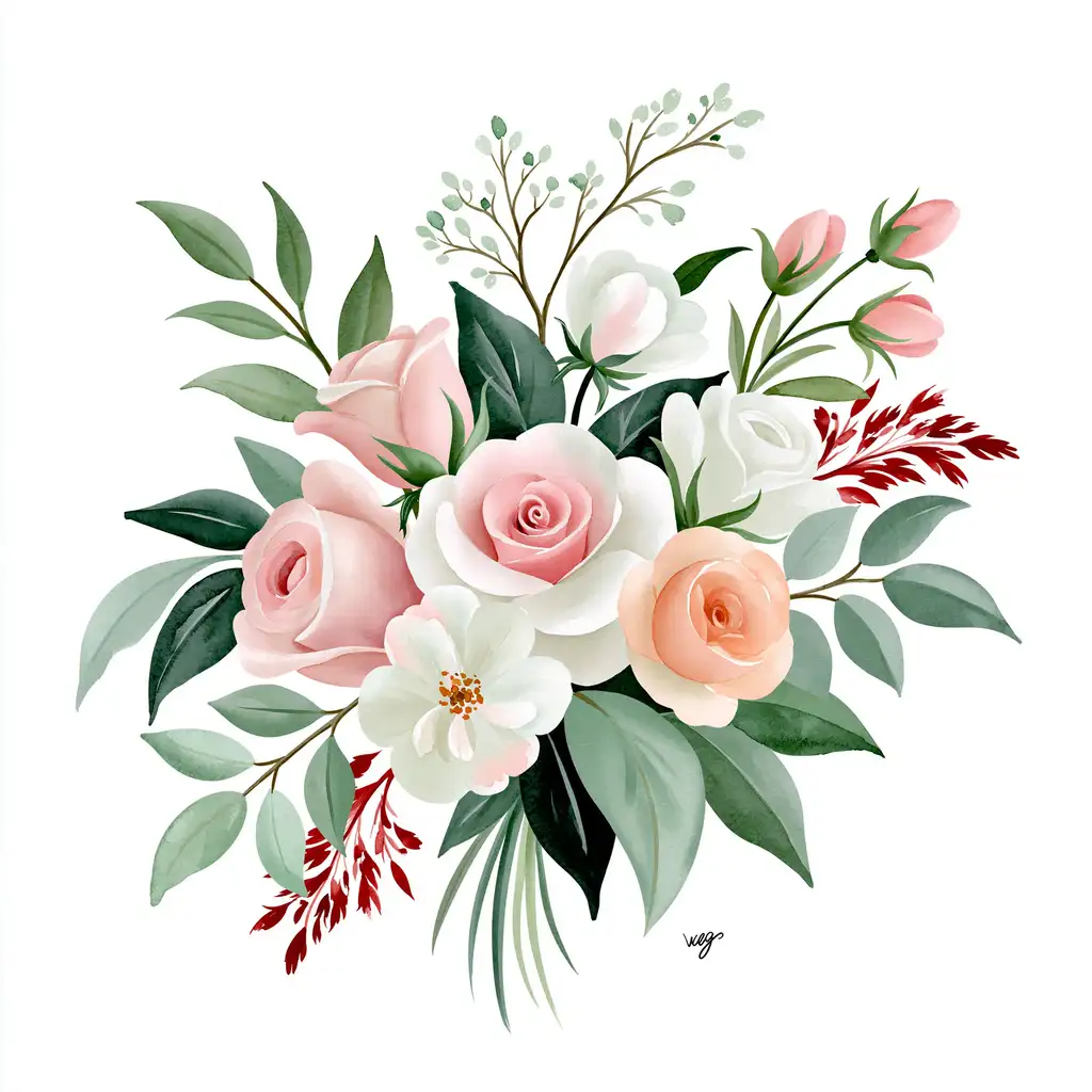 Watercolor Flower Bouquet with Roses and Greenery