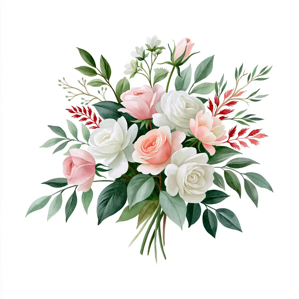 Watercolor Flower Bouquet with Roses and Greenery