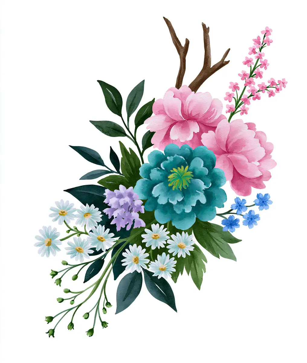 Watercolor floral arrangement with colorful peony and daisy flowers