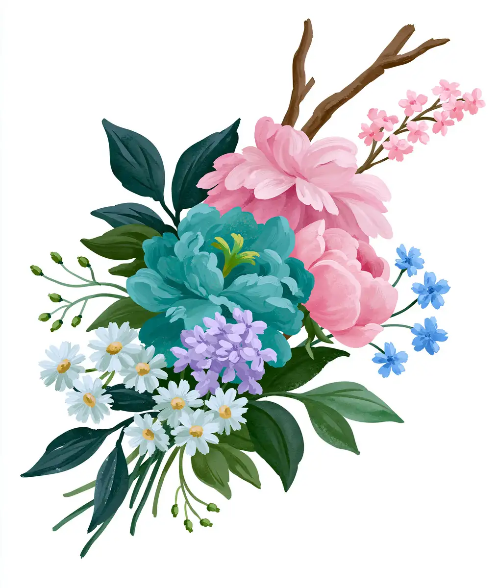Watercolor floral arrangement with colorful peony and daisy flowers