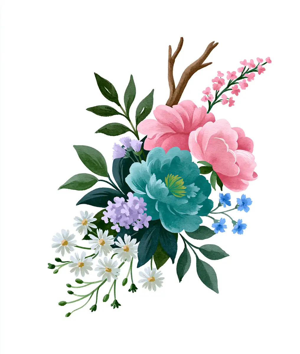 Watercolor floral arrangement with colorful peony and daisy flowers