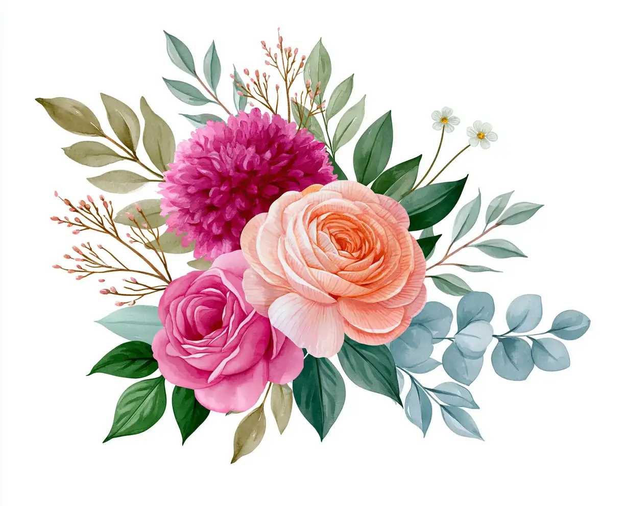 Watercolor floral arrangement with colorful roses and greenery on white background