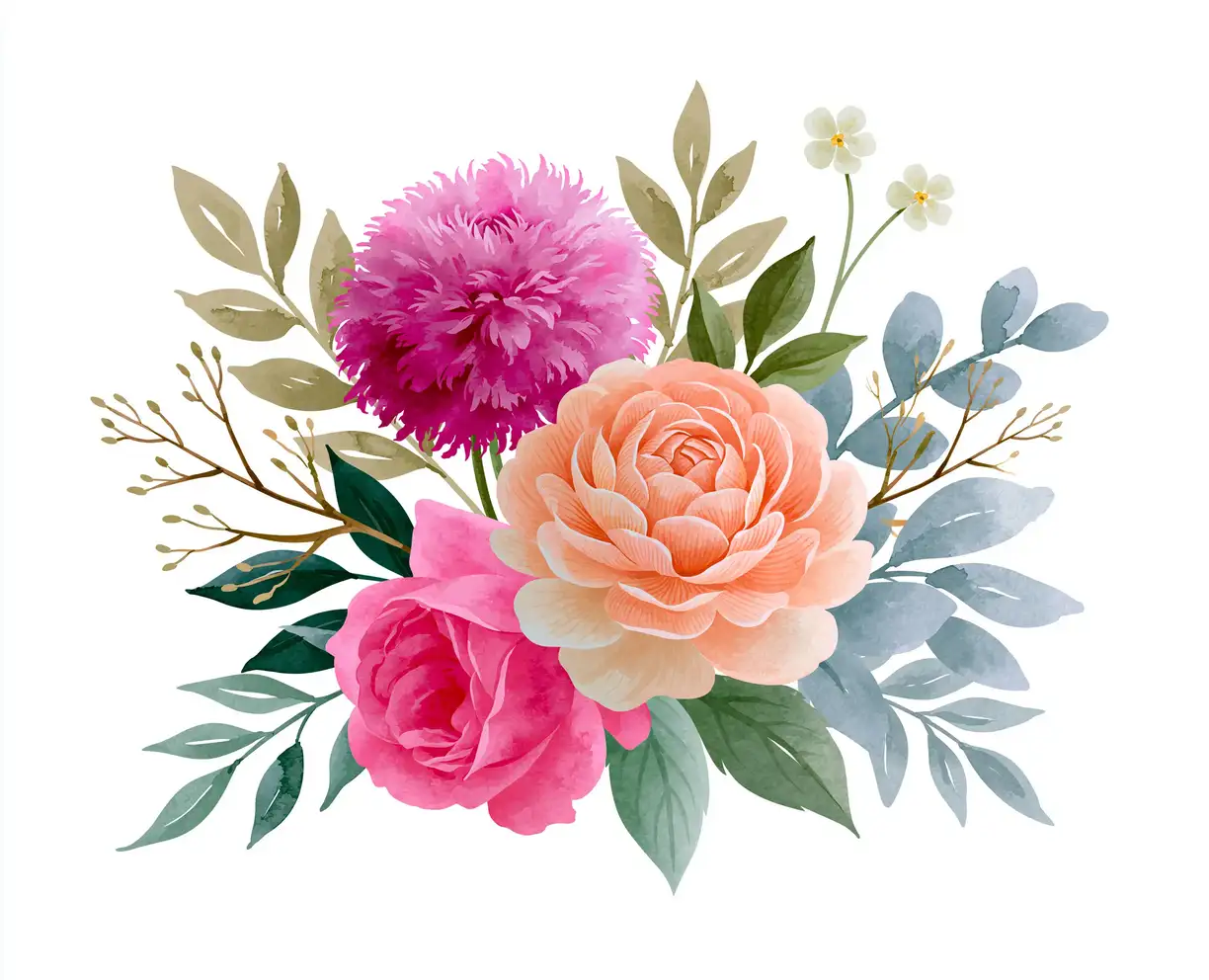 Watercolor floral arrangement with colorful roses and greenery on white background