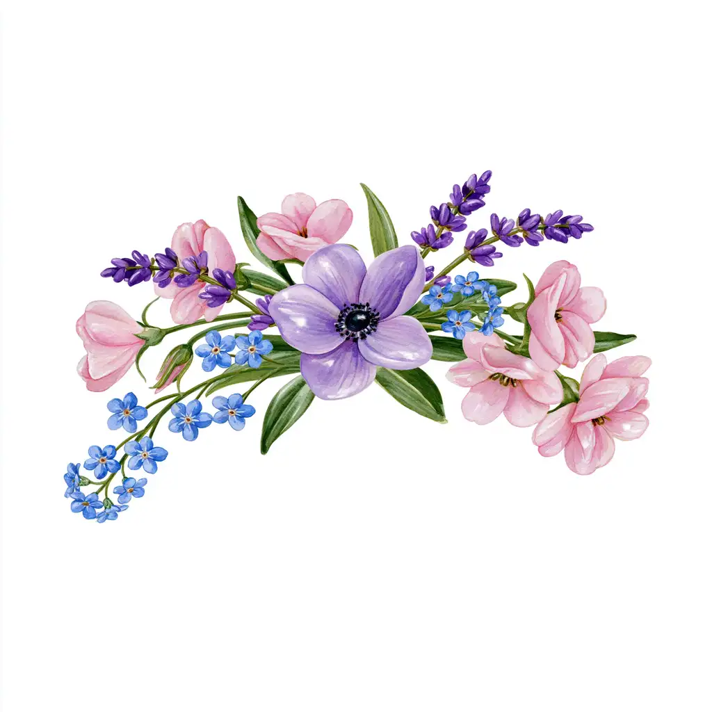 Watercolor floral arrangement with purple and pink flowers and green leaves