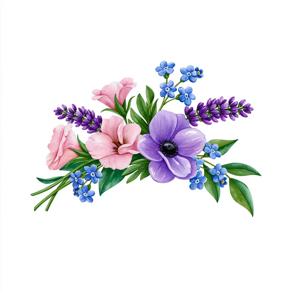 Watercolor floral arrangement with purple and pink flowers and green leaves