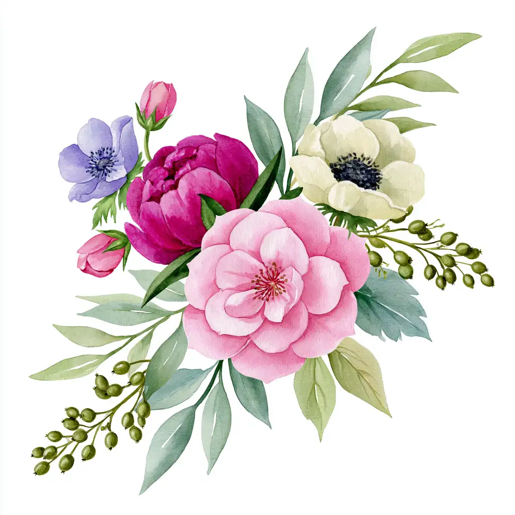 Watercolor floral arrangement with pink and magenta flowers and green leaves