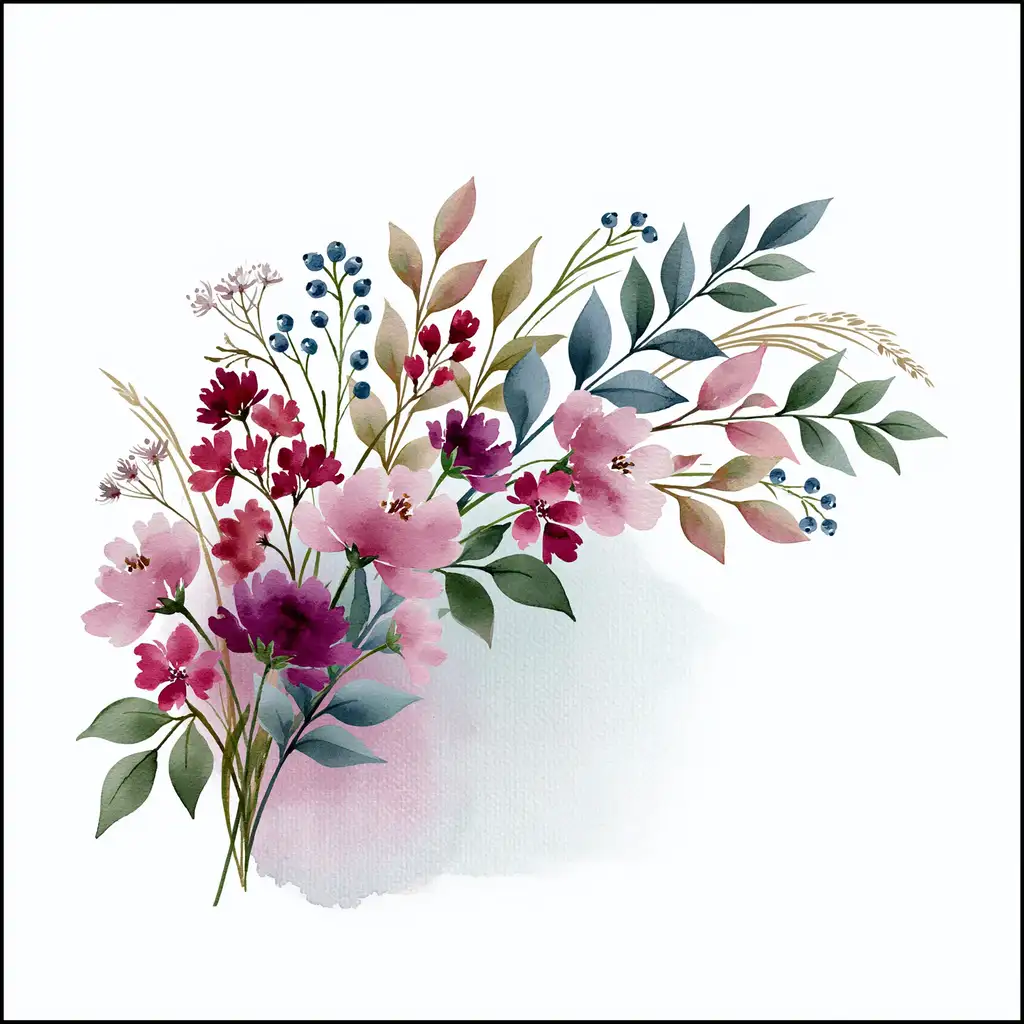 Watercolor Flower Arrangement with Pink and Purple Blossoms