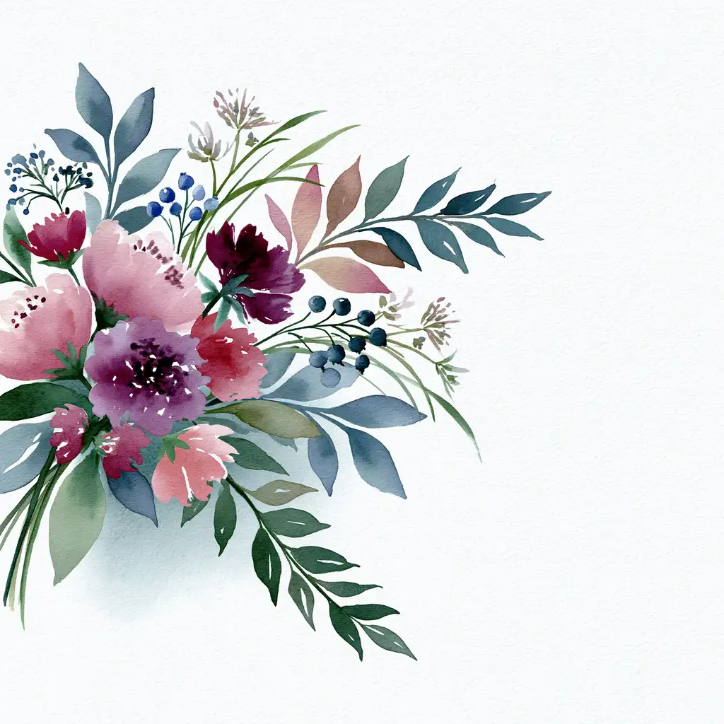 Watercolor Flower Arrangement with Pink and Purple Blossoms