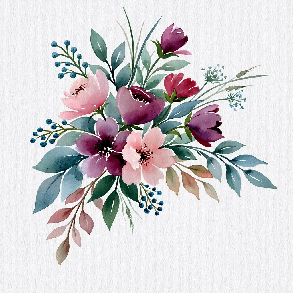 Watercolor Flower Arrangement with Pink and Purple Blossoms