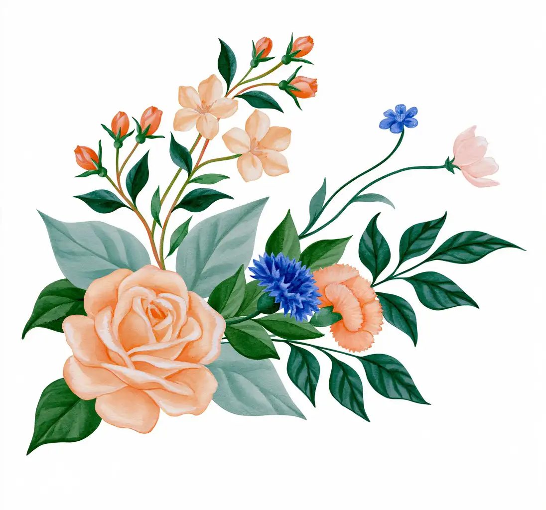Watercolor Floral Arrangement with Peach Roses and Blue Cornflowers