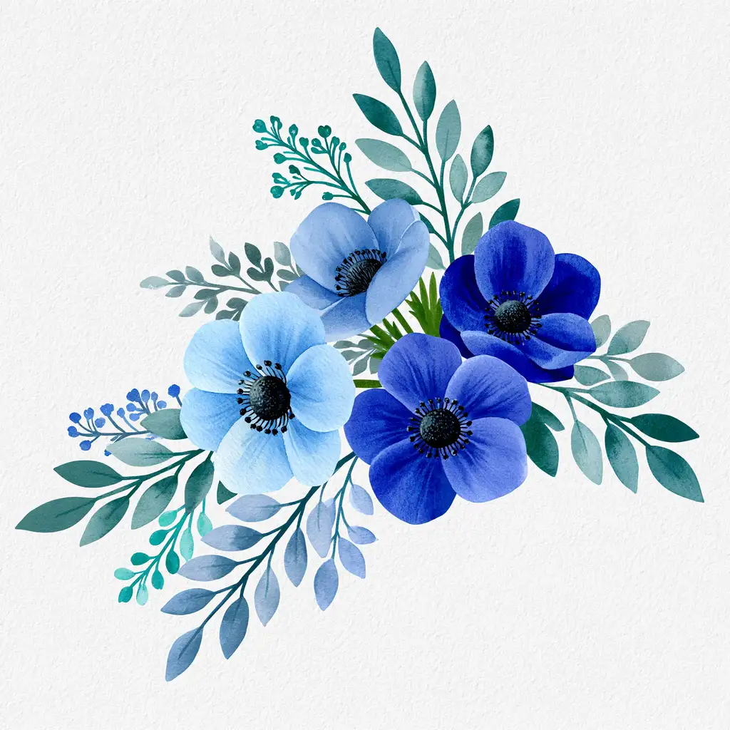 Watercolor blue flowers and leaves arrangement isolated on white