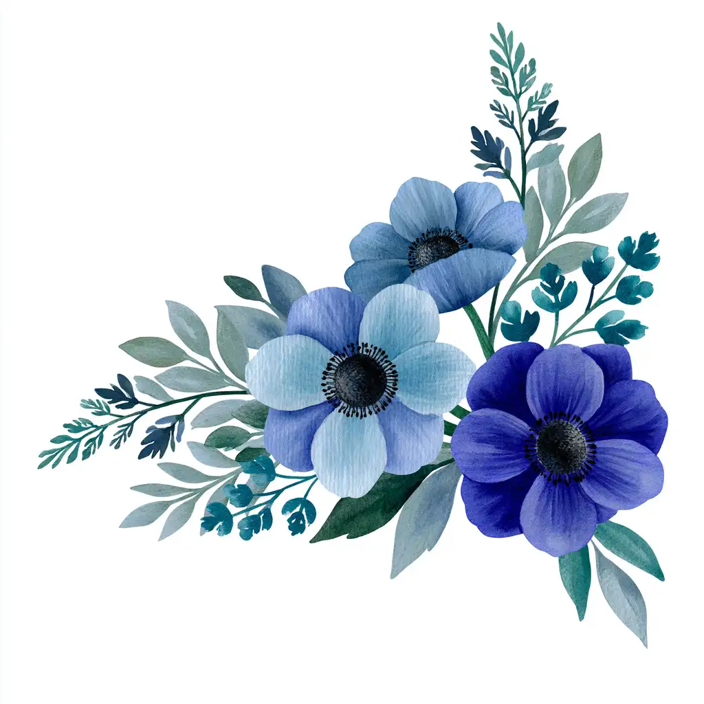 Watercolor blue flowers and leaves arrangement isolated on white