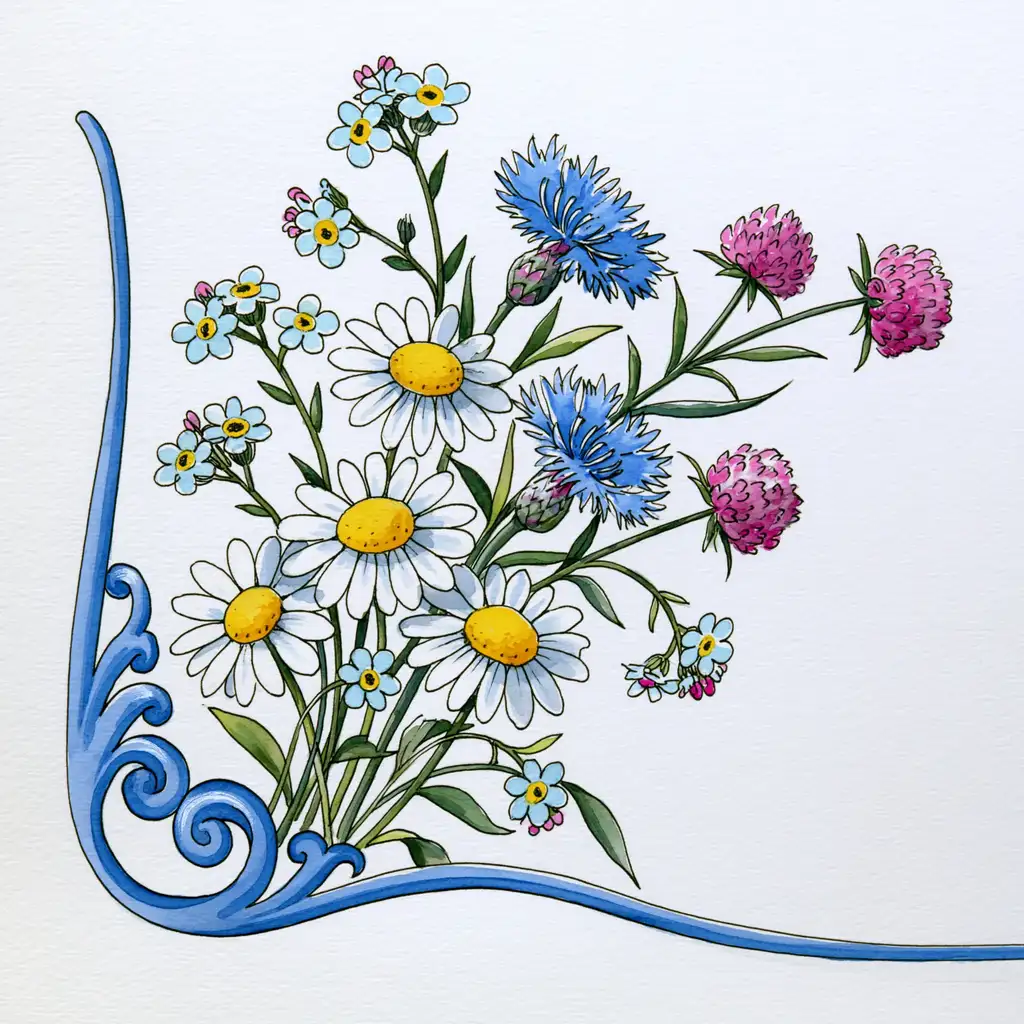 Botanical illustration of wildflowers and blue decorative corner scroll