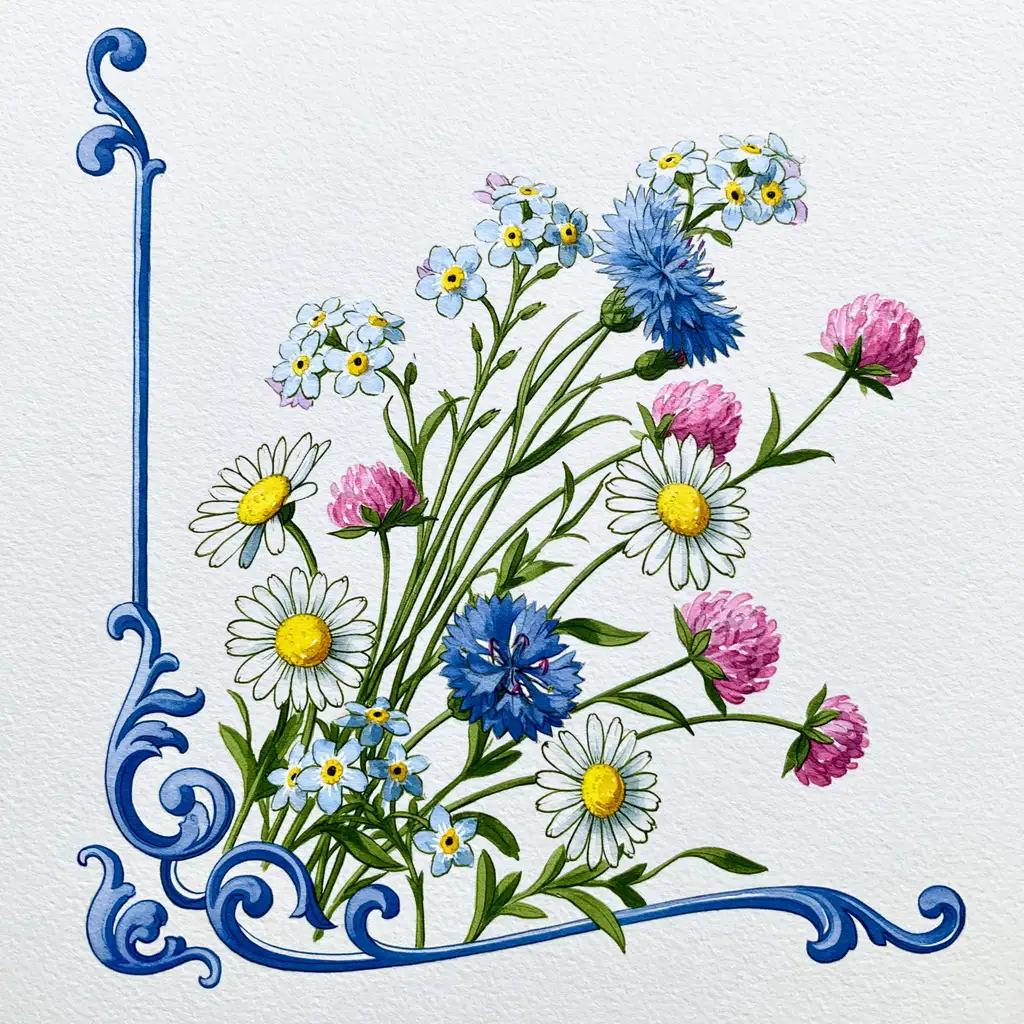 Botanical illustration of wildflowers and blue decorative corner scroll