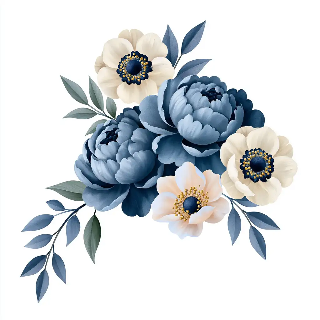 Blue and beige floral arrangement illustration with peonies and anemones