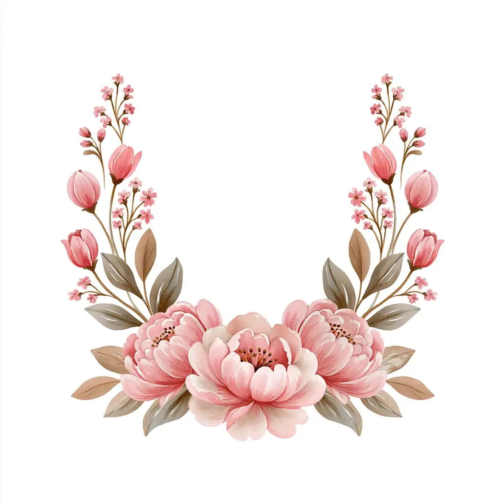 Watercolor floral wreath with pink peonies and leaves on white background