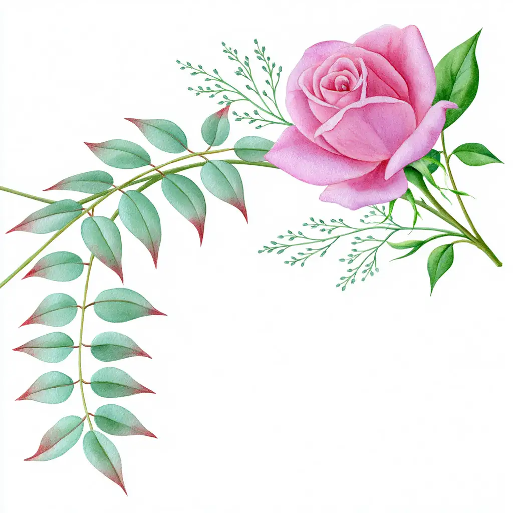 Watercolor Pink Rose Flower Arrangement with Green Leaves